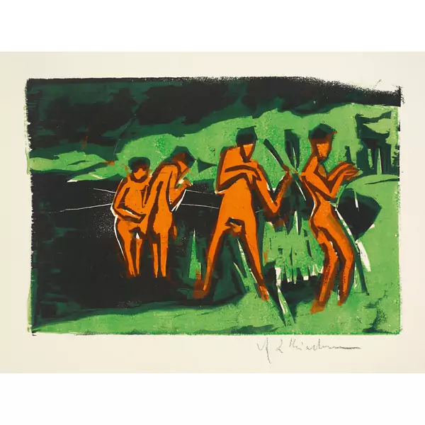 Ernst Ludwig Kirchner — Mit Schilf werfende Badende Blatt aus der V. Jahresmappe der Künstlergruppe Brücke 1910, gewidmet E.L. Kirchner — Galerie Kornfeld