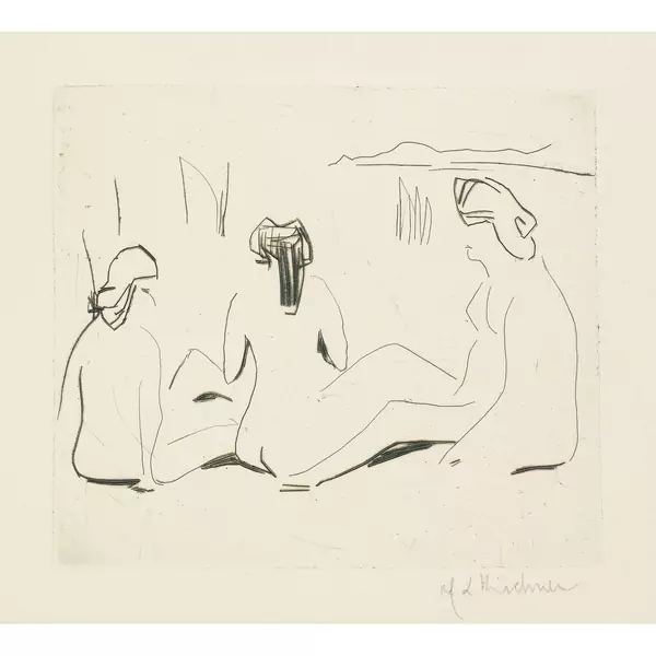 Ernst Ludwig Kirchner — Drei Badende an den Moritzburger Teichen Blatt aus der V. Jahresmappe der Künstlergruppe Brücke 1910, gewidmet E.L. Kirchner — Galerie Kornfeld