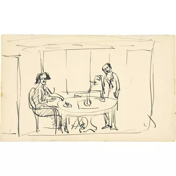 Ernst Ludwig Kirchner — Interieur - Drei Personen am runden Tisch Blatt aus Skizzenbuch Nr. 146 — Galerie Kornfeld