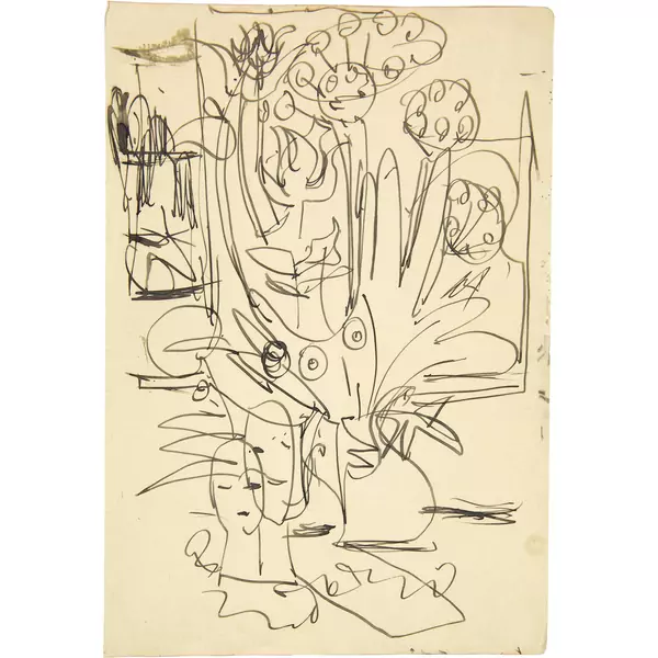 Ernst Ludwig Kirchner — Blumendolden mit Zeitung und Skulpturen — Galerie Kornfeld