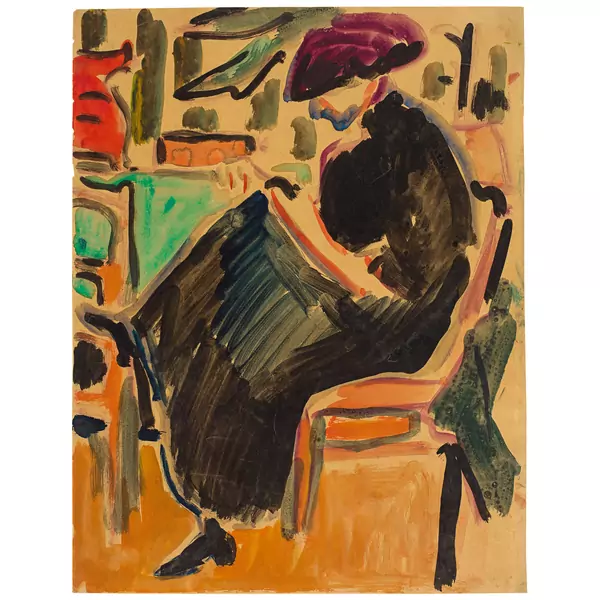 Ernst Ludwig Kirchner — Auf einem Stuhl sitzende "Dodo" nach links, mit Hut — Galerie Kornfeld