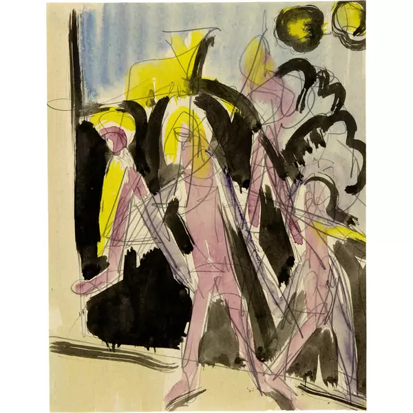 Ernst Ludwig Kirchner — Strassenszene mit drei Figuren — Galerie Kornfeld