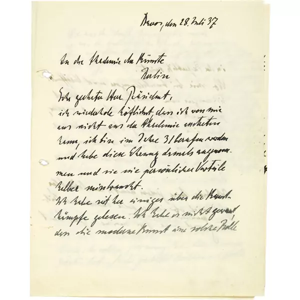 Ernst Ludwig Kirchner — Handschriftlicher Brief an den Präsidenten der Akademie der Künste in Berlin — Galerie Kornfeld