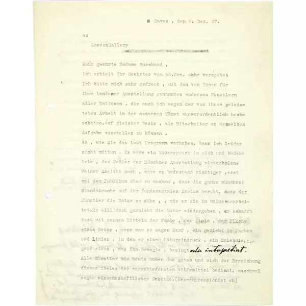 Ernst Ludwig Kirchner — Doppelseitiger typographischer Text an London Gallery, handschriftlich ergänzt — Galerie Kornfeld