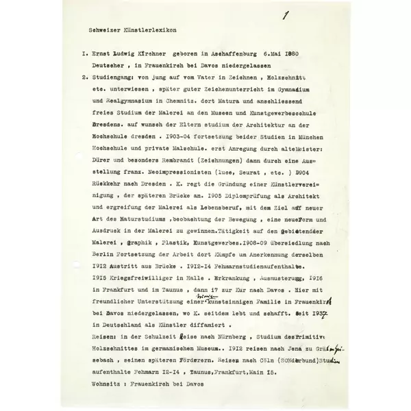 Ernst Ludwig Kirchner — Typoskript mit einem selbst verfassten Eintrag für das "Schweizer Künstlerlexikon", mit einzelnen handschriftlichen Korrekturen und Ergänzungen — Galerie Kornfeld