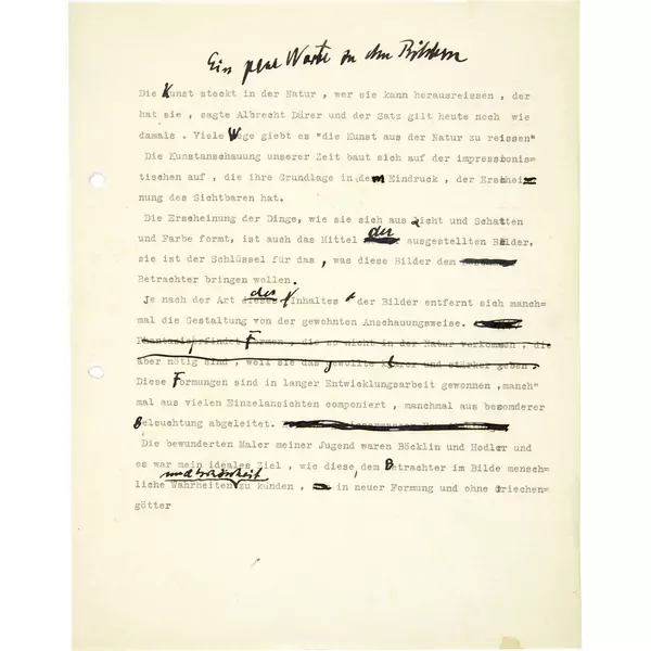 Ernst Ludwig Kirchner — Typoskript mit handschriftlichem Titel "Ein paar Worte zu den Bildern", mit eigenhändigen Korrekturen und Streichungen — Galerie Kornfeld
