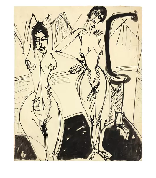 Ernst Ludwig Kirchner — Nackte Frauen am Ofen – Zwei nackte Frauen im Atelier — Galerie Kornfeld
