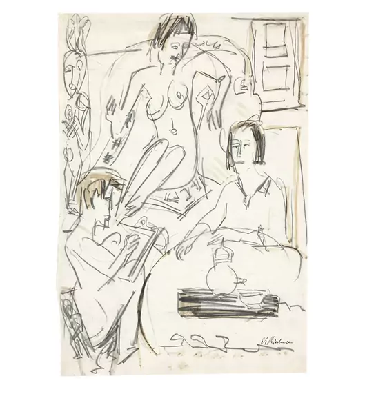 Ernst Ludwig Kirchner — Junger Künstler zeichnend (Atelierszene) — Galerie Kornfeld