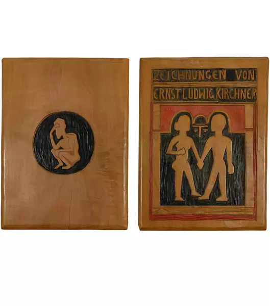 Ernst Ludwig Kirchner — Zwei geschnitzte Buchdeckel (Vorder- und Rückdeckel) zur Publikation: Will Grohmann, Zeichnungen von Ernst Ludwig Kirchner — Galerie Kornfeld
