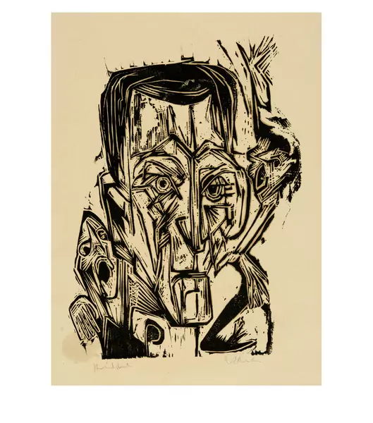Ernst Ludwig Kirchner — Kopf Dichter Leonhard Frank II - Frank mit schreiendem Weib — Galerie Kornfeld