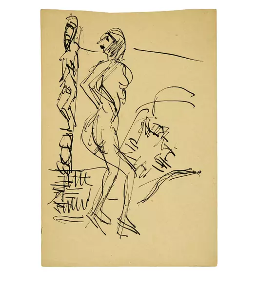 Ernst Ludwig Kirchner — Stehender weiblicher Akt neben geschnitztem Ofenpfeiler — Galerie Kornfeld