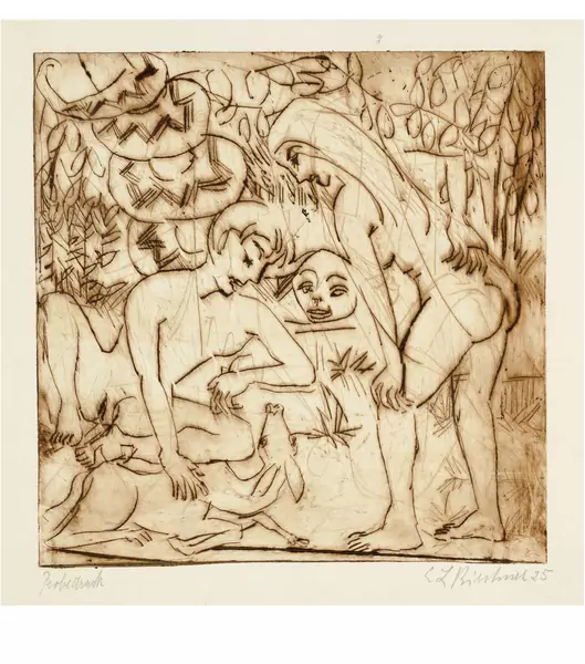 Ernst Ludwig Kirchner — Adam und Eva mit Schlange und liegendem Reh — Galerie Kornfeld