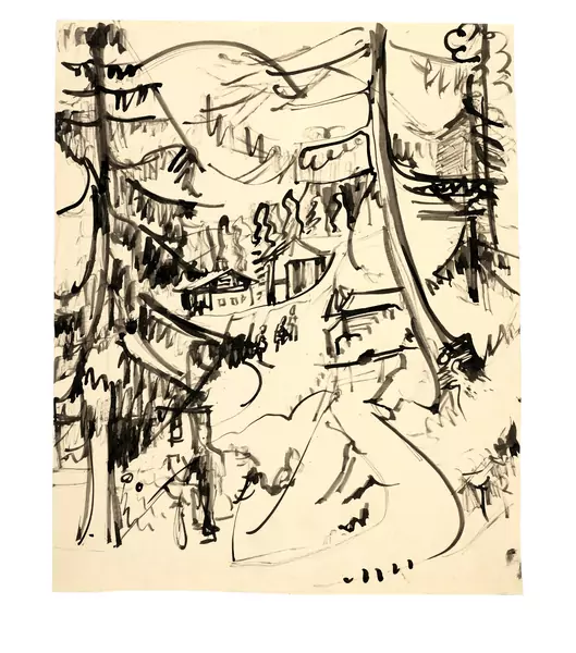Ernst Ludwig Kirchner — Blick auf das Wildbodenhaus und die Scheune von der Restengasse aus — Galerie Kornfeld