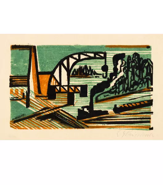 Ernst Ludwig Kirchner — Flusslandschaft mit Kran und Schleppzug (Schlepper am Rhein) — Galerie Kornfeld