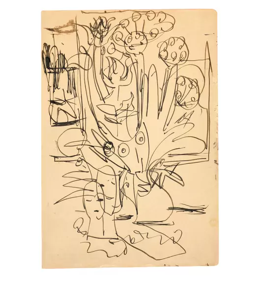 Ernst Ludwig Kirchner — Blumendolden mit Zeitung und Skulpturen — Galerie Kornfeld