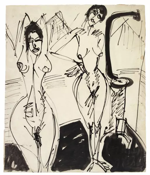 Ernst Ludwig Kirchner — Nackte Frauen am Ofen – Zwei nackte Frauen im Atelier — Galerie Kornfeld