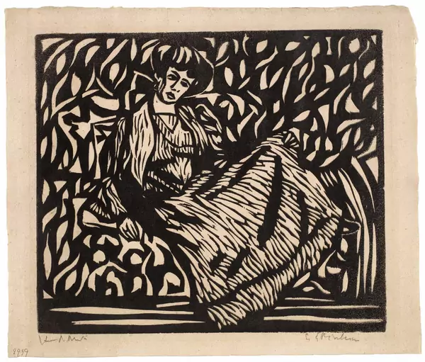 Ernst Ludwig Kirchner — Dodo, sitzend, in gestreiftem Kleid — Galerie Kornfeld