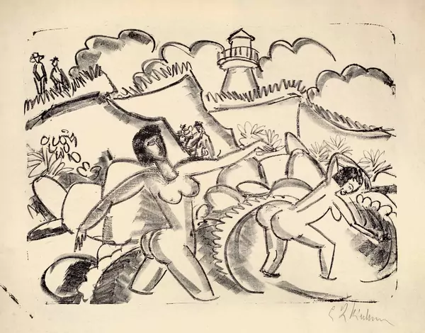 Ernst Ludwig Kirchner — Badende mit Dünen und Leuchtturm – Badende mit Steilufer und Leuchtturm, Fehmarn — Galerie Kornfeld