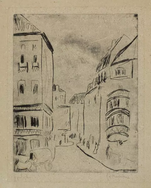 Ernst Ludwig Kirchner — Eckhaus mit rundem Erker, Frauenstrasse in Dresden — Galerie Kornfeld