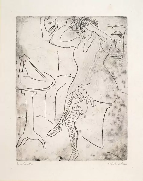 Ernst Ludwig Kirchner — Toilette: Frau in Hemd und Strümpfen, sich das Haar ordnend — Galerie Kornfeld