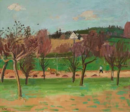 ERNST MORGENTHALER — Herbstliche Landschaftspartie mit Bauern bei der Feldarbeit. 1948. — Koller Auktionen