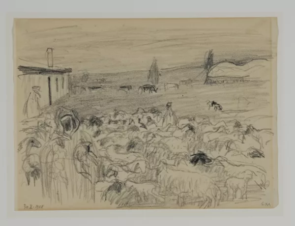 Ernst Morgenthaler — 6 Zeichnungen: Frau mit Kind beim Essen; Familie; Selbstporträt, 1915; Marokko, 1928; Schlafendes Baby, 1938; Boote auf dem Meer, 1948