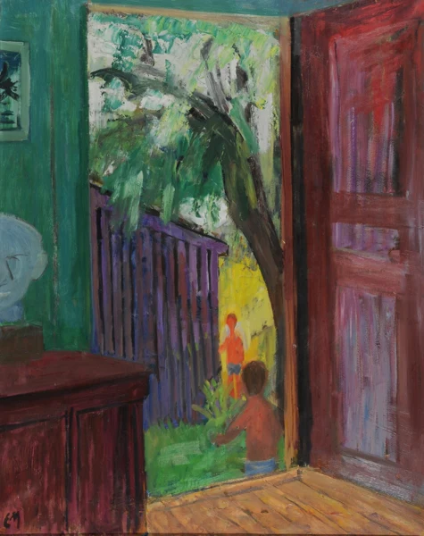 Ernst Morgenthaler — Blick vom Innern eines Hauses auf einen Garten mit spielenden Kindern