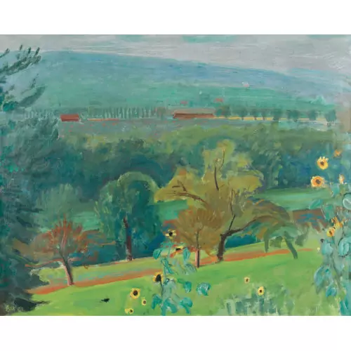 Sommerliche Landschaftspartie mit Sonnenblumen