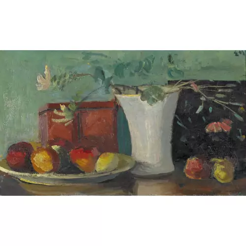 Stillleben mit Blumenvase und Früchten