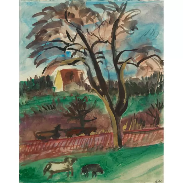Landschaft mit Baum und Schafen