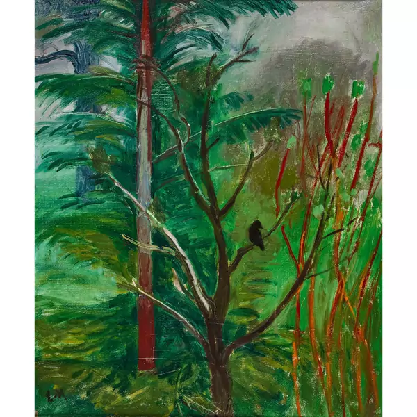 Waldstück mit Vogel auf einem Ast