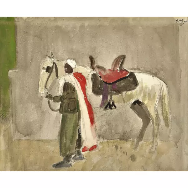 Beduine mit gesatteltem Schimmel