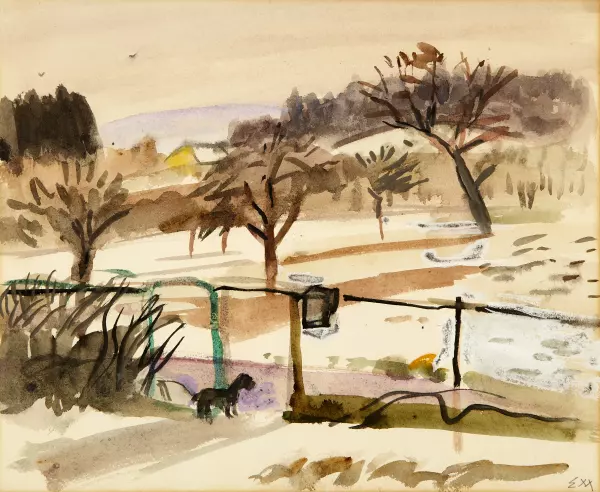 Winterliche Landschaft mit Hündchen