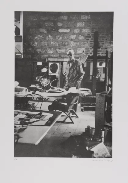 Ernst Scheidegger — 3 Blätter: Le Corbusier im Atelier; Dalí beim Arbeiten; Giacometti-Figuren