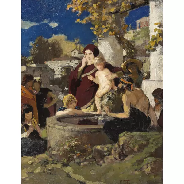 Mythologische Szene mit Frau und Knaben am Brunnen