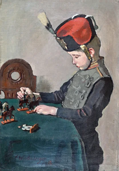 Ernst Würtenberger — 2 Werke: Mädchen, seiner Puppe die Haare kämmend; Junge mit Holzfiguren spielend, 1915
