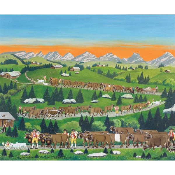 Ernst Zogg — TOGGENBURGER ALPFAHRT MIT KURFIRSTEN, MALTSTOCK UND SPEER, 1975CATTLE LIFT IN TOGGENBURG WITH VIEW OVER KURFIRSTEN, MALTSTOCK AND SPEER, 1975