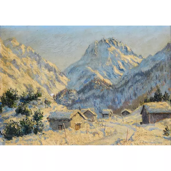 Verschneite Berglandschaft mit Hütten