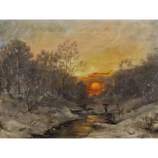 Bachlandschaft im Abendrot mit Reisigsammlerin