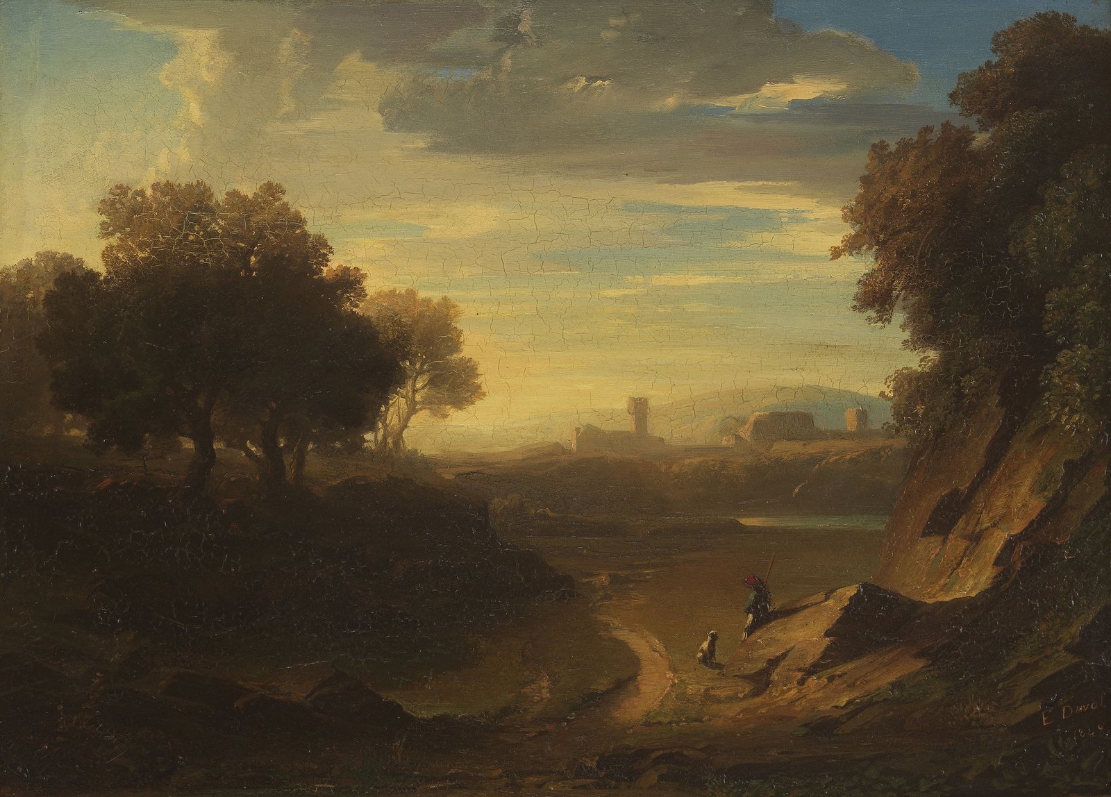 Paysage d'Italie au chemin animé au soleil couchant