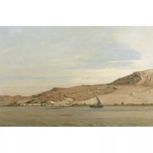 Etienne Duval — Uferpartie des Nils mit Felukke.