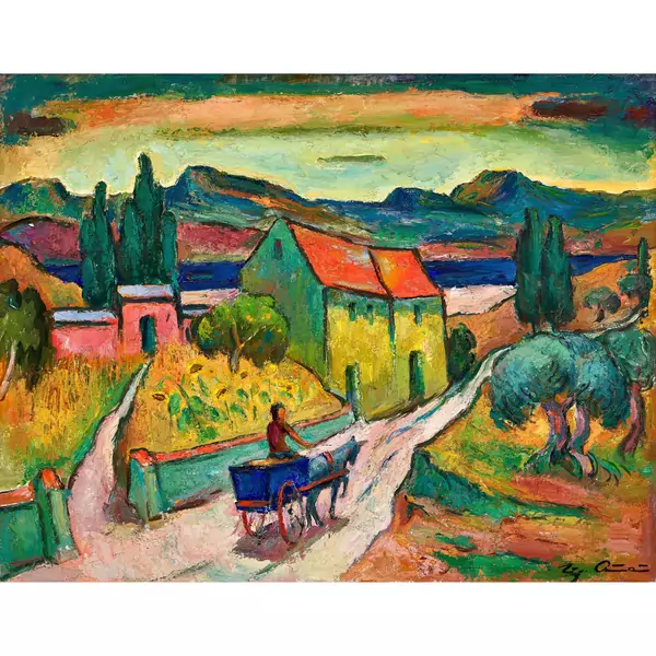 Südliche Landschaft mit Fuhrwerk