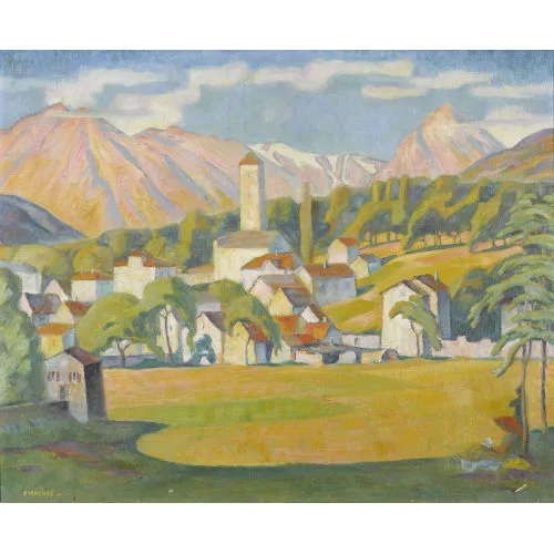 Eugen Henziross — Sommerliche Berglandschaft mit einem Dorf.