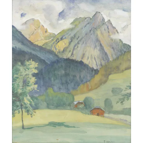 Eugen Henziross — Gebirgspartie mit Chalets.