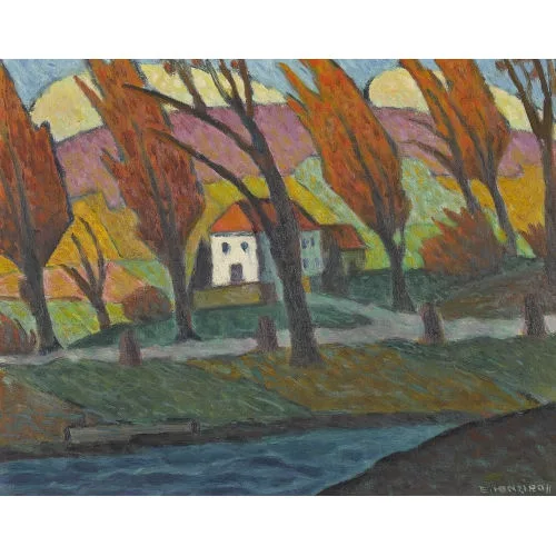 Eugen Henziross — Herbstliche Flusslandschaft mit einem Haus.