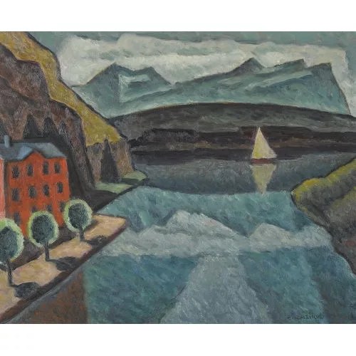Eugen Henziross — Seelandschaft mit rotem Haus.