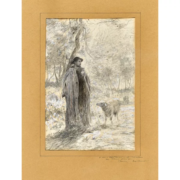 Eugène Burnand — Waldstück mit Schäfer und seinen Tieren.