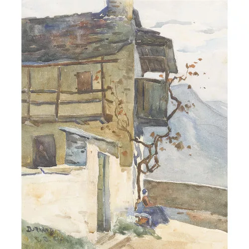 Eugène Burnand — Sommerliche Hauspartie mit sitzender Frau.