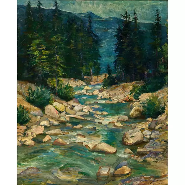 "Paysage avec cascade et sapins"