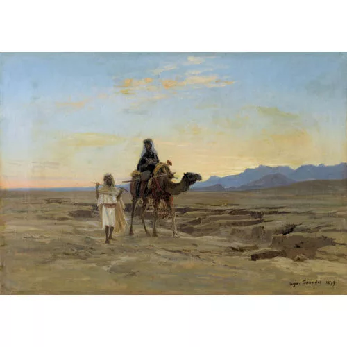 Eugène Girardet — Wüstenlandschaft im Abendrot mit Paar und Kamel.